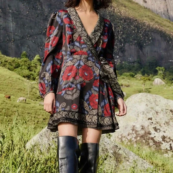 Farm Rio Black Valentina Wrap Viscose Mini Dress. L. NWT - Picture 3 of 13